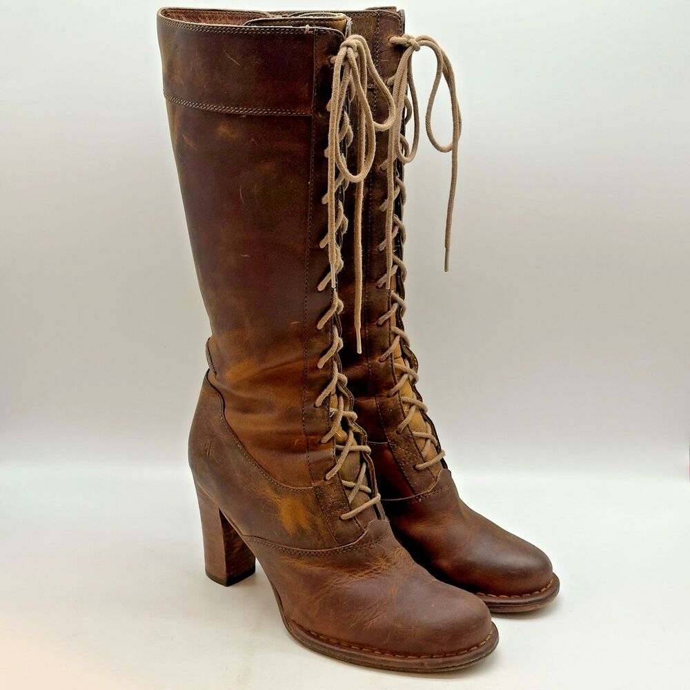 Vtg. FRYE Villager Distressed Leather Tall Boots Women's 6M Brown Lace Up & Zip